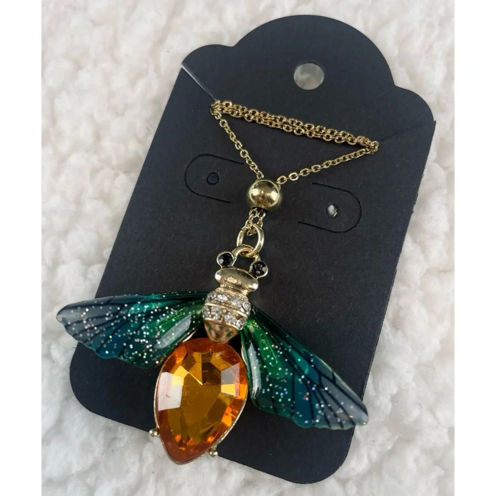 (NWOT) Blue/Green/Orange/Gold Firefly Necklace w/ Matching Drop Earrings - Picture 7 of 15